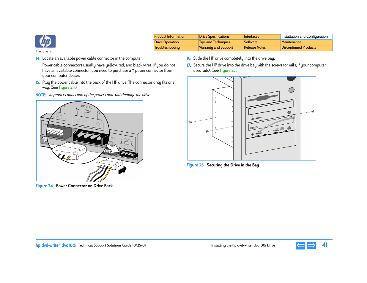 Power connector on drive back, Securing the drive in the bay | HP DVD100I User Manual | Page 41 / 104