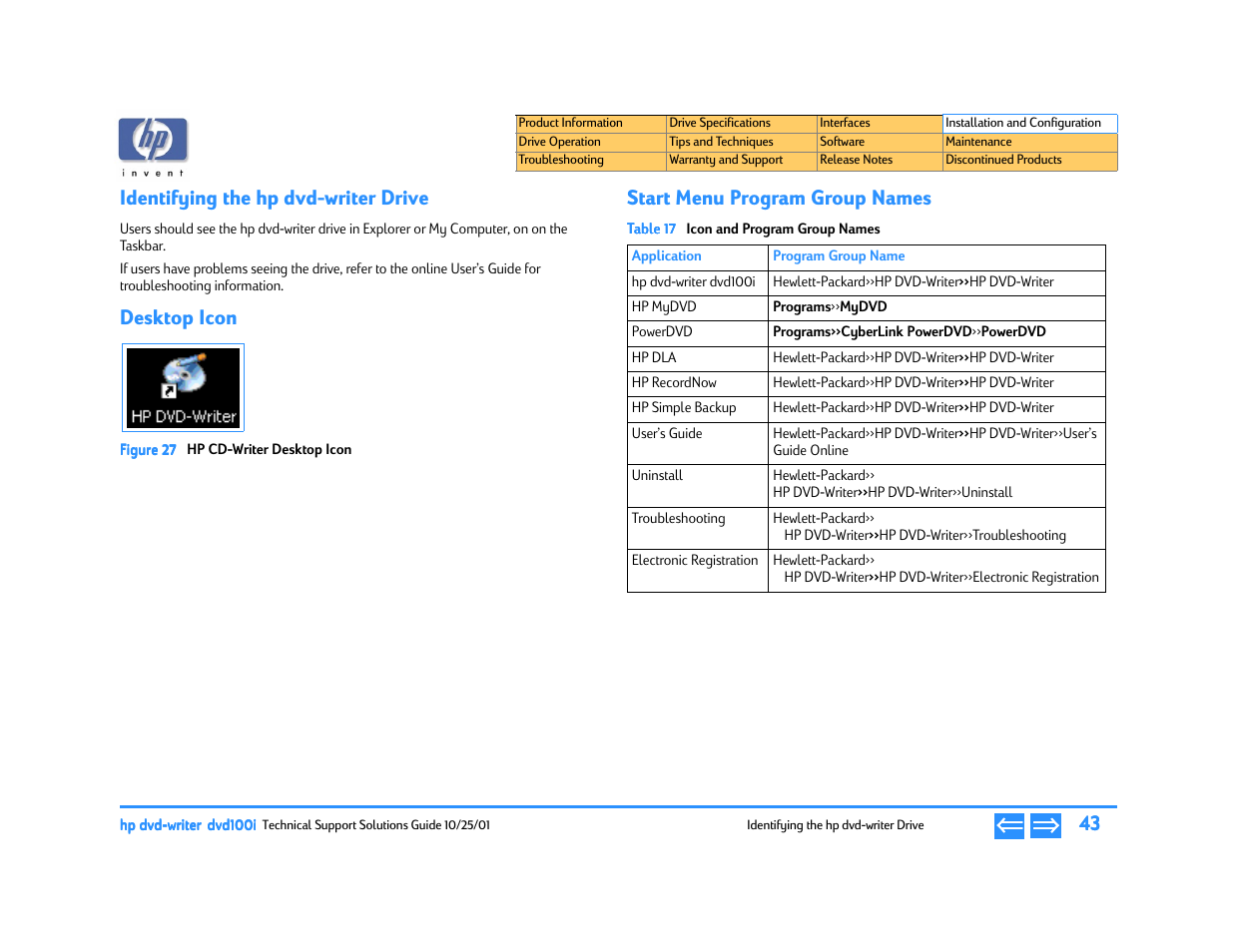 Identifying the hpdvdwriter drive, Desktop icon, Start menu program group names | Identifying the hp dvd-writer drive, Hp cd-writer desktop icon, Icon and program group names, P. 43 | HP DVD100I User Manual | Page 43 / 104