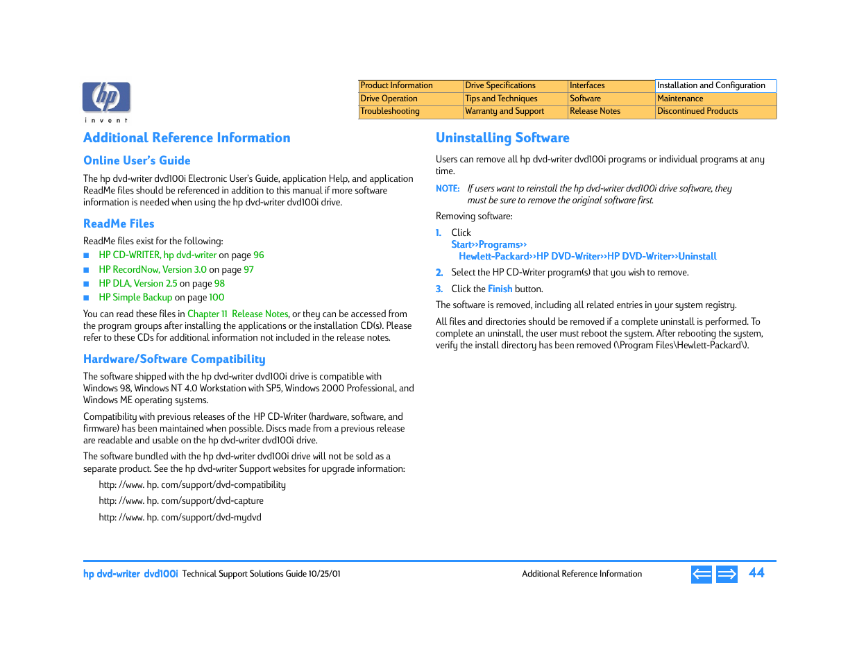 Additional reference information, Online user’s guide, Readme files | Hardware/software compatibility, Uninstalling software, P. 44 | HP DVD100I User Manual | Page 44 / 104
