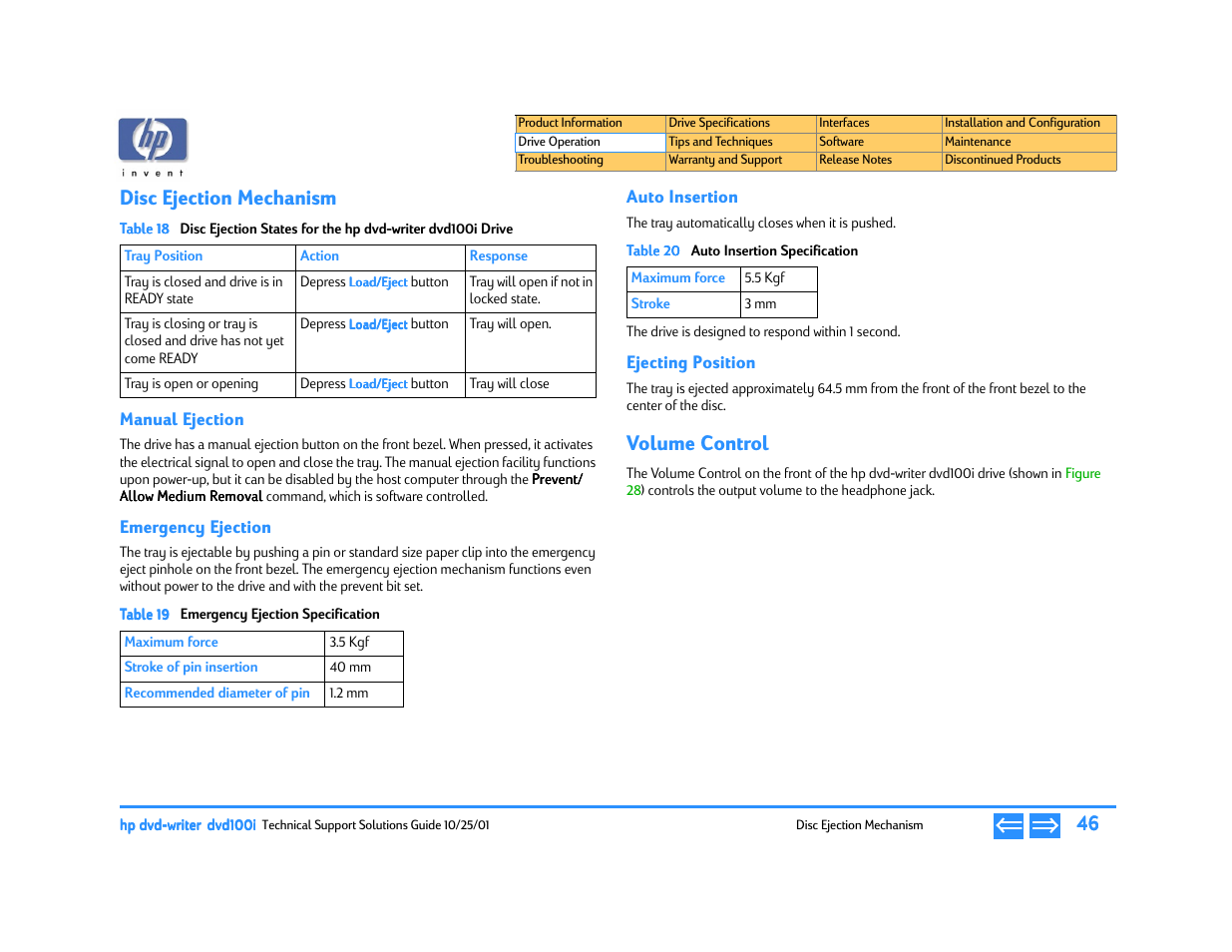 Disc ejection mechanism, Manual ejection, Emergency ejection | Auto insertion, Ejecting position, Volume control, Emergency ejection specification, Auto insertion specification, P. 46 | HP DVD100I User Manual | Page 46 / 104