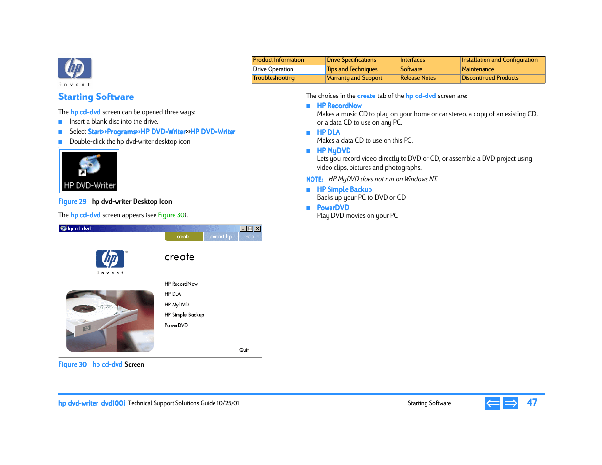 Starting software, Hp dvd-writer desktop icon, Hp cd-dvd | Screen, P. 47 | HP DVD100I User Manual | Page 47 / 104