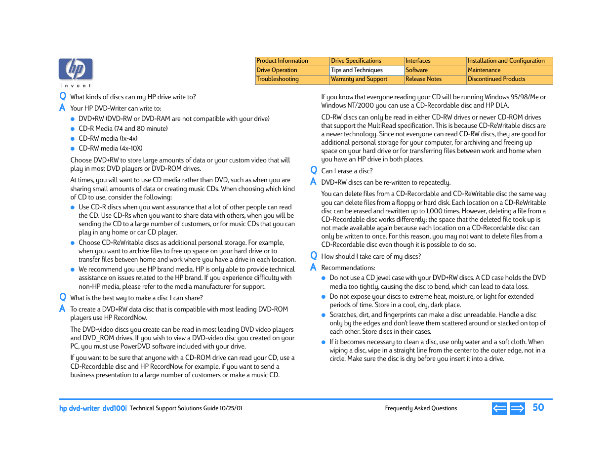 Q what kinds of discs can my hp drive write to, Q what is the best way to make a disc i can share, Q can i erase a disc | Q how should i take care of my discs, What kinds of discs can my hp drive write to, What is the best way to make a disc i can share, Can i erase a disc, How should i take care of my discs | HP DVD100I User Manual | Page 50 / 104