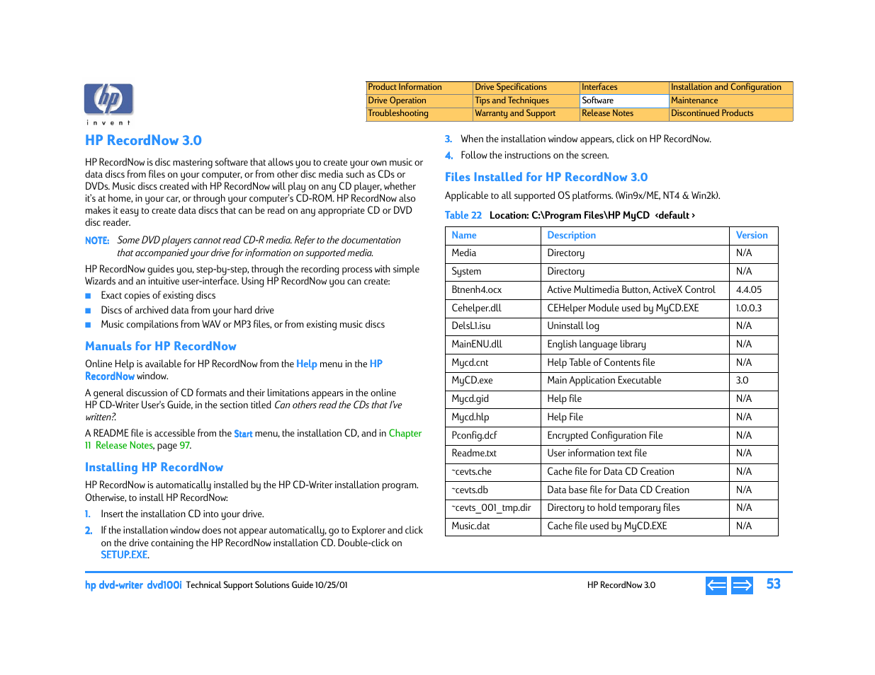 Hp recordnow 3.0, Manuals for hp recordnow, Installing hp recordnow | Files installed for hp recordnow 3.0, Location: c:\program files\hp mycd <default, P. 53 | HP DVD100I User Manual | Page 53 / 104