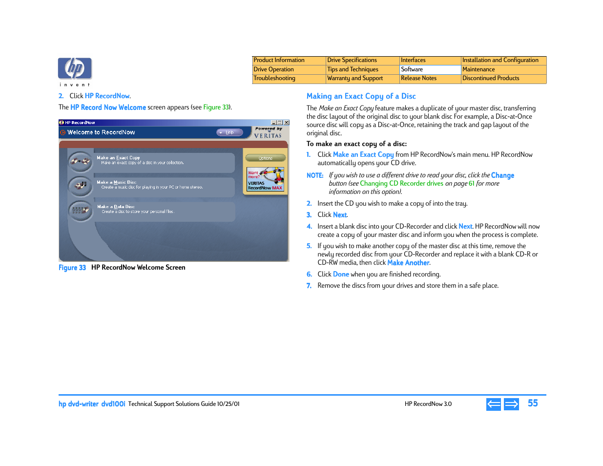 Making an exact copy of a disc, To make an exact copy of a disc, Hp recordnow welcome screen | HP DVD100I User Manual | Page 55 / 104