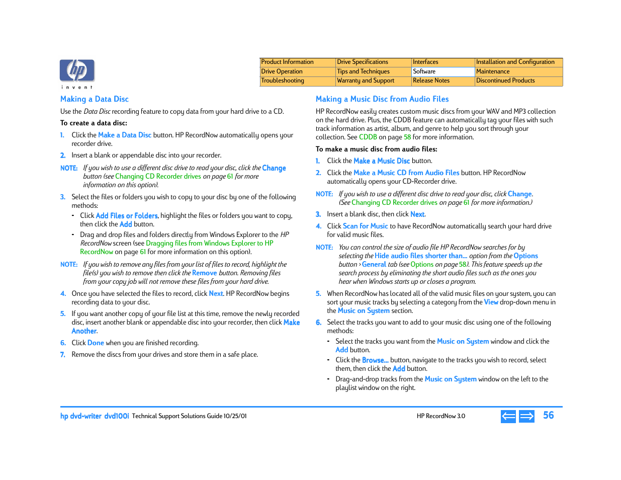 Making a data disc, To create a data disc, Making a music disc from audio files | To make a music disc from audio files | HP DVD100I User Manual | Page 56 / 104