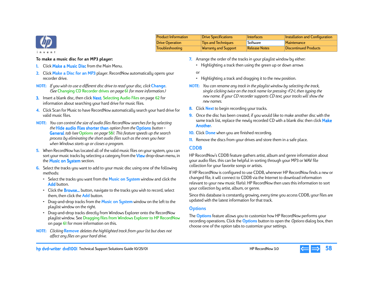 To make a music disc for an mp3 player, Cddb, Options | HP DVD100I User Manual | Page 58 / 104