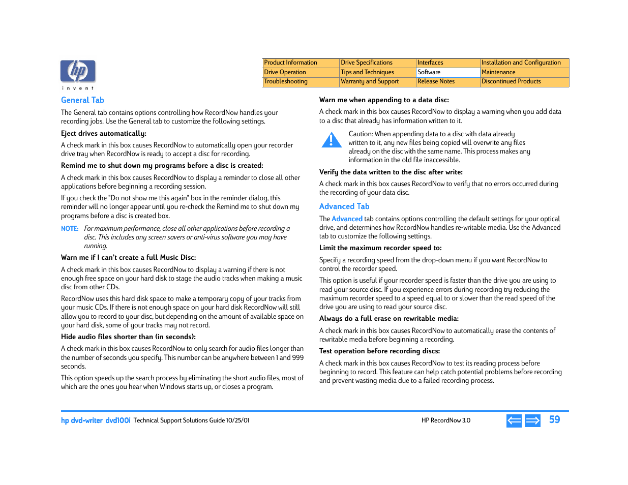 General tab, Eject drives automatically, Warn me if i can’t create a full music disc | Hide audio files shorter than (in seconds), Warn me when appending to a data disc, Verify the data written to the disc after write, Advanced tab, Limit the maximum recorder speed to, Always do a full erase on rewritable media, Test operation before recording discs | HP DVD100I User Manual | Page 59 / 104