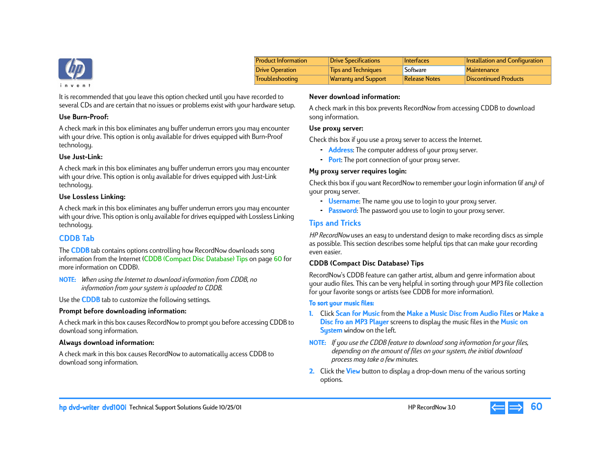 Use burn-proof, Use just-link, Use lossless linking | Cddb tab, Prompt before downloading information, Always download information, Never download information, Use proxy server, My proxy server requires login, Tips and tricks | HP DVD100I User Manual | Page 60 / 104