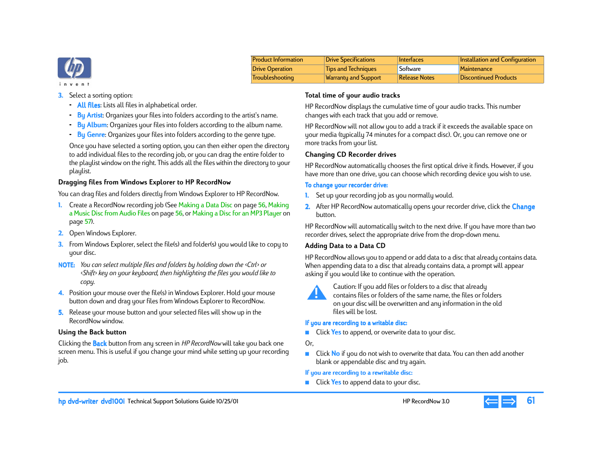 Using the back button, Total time of your audio tracks, Changing cd recorder drives | Adding data to a data cd, Dragging files from windows explorer to hp, Recordnow | HP DVD100I User Manual | Page 61 / 104