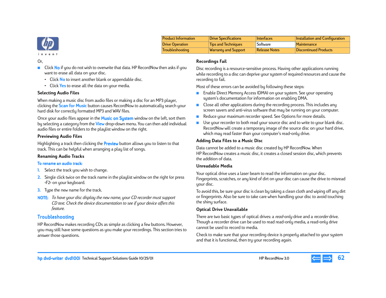 Selecting audio files, Previewing audio files, Renaming audio tracks | Troubleshooting, Recordings fail, Adding data files to a music disc, Unreadable media, Optical drive unavailable | HP DVD100I User Manual | Page 62 / 104