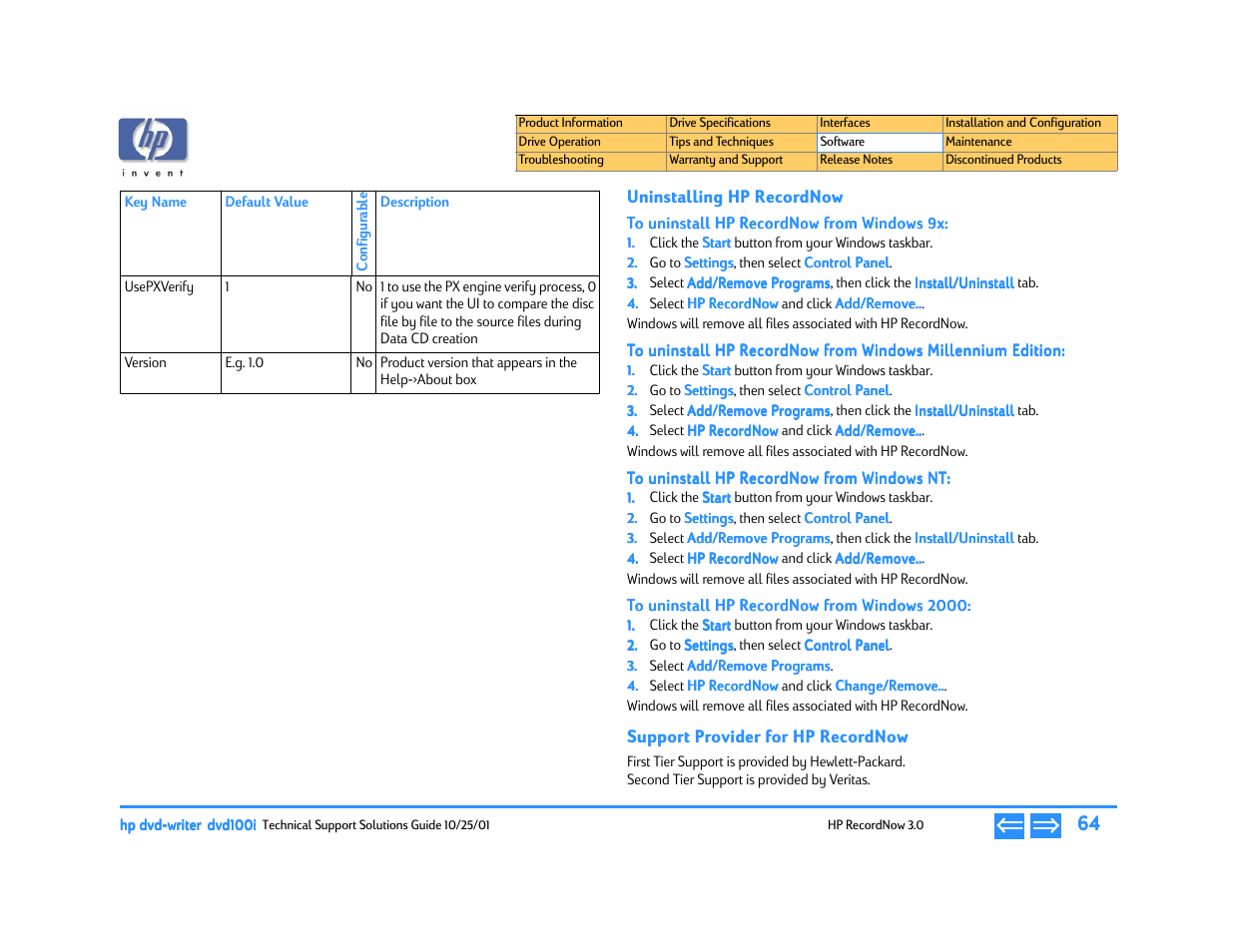 Uninstalling hp recordnow, To uninstall hp recordnow from windows 9x, To uninstall hp recordnow from windows nt | To uninstall hp recordnow from windows 2000, Support provider for hp recordnow | HP DVD100I User Manual | Page 64 / 104