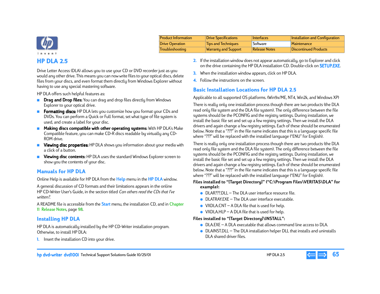 Hp dla 2.5, Manuals for hp dla, Installing hp dla | Basic installation locations for hp dla 2.5, Files installed to “[target directory]\install, P. 65 | HP DVD100I User Manual | Page 65 / 104