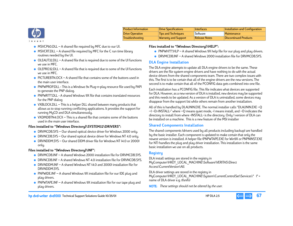 Files installed to “[windows directory]\inf, Files installed to “[windows directory]\help, Dla engine installation | Shared components installation, Registry | HP DVD100I User Manual | Page 67 / 104