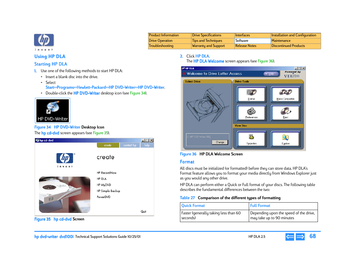 Using hp dla, Starting hp dla, Format | E 34 hp dvd-writer, Desk, Hp cd-dvd, Hp dla welcome screen, Comparison of the different types of formatting | HP DVD100I User Manual | Page 68 / 104