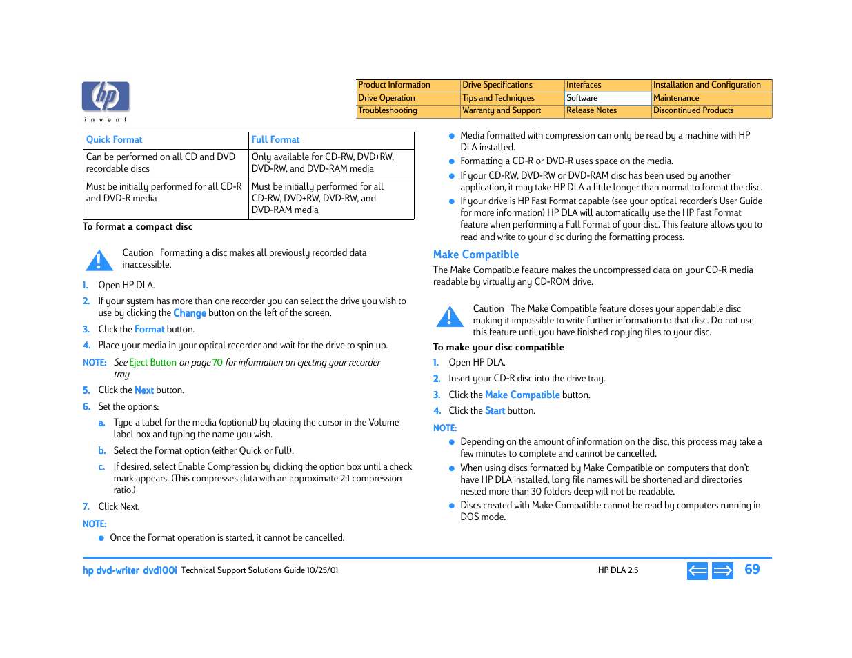 To format a compact disc, Make compatible, To make your disc compatible | HP DVD100I User Manual | Page 69 / 104