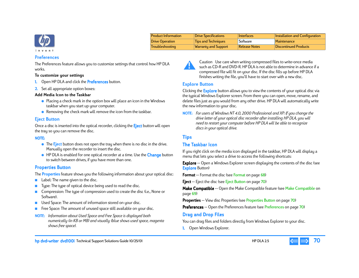 Preferences, To customize your settings, Add media icon to the taskbar | Eject button, Properties button, Explore button, Tips, The taskbar icon, Drag and drop files | HP DVD100I User Manual | Page 70 / 104