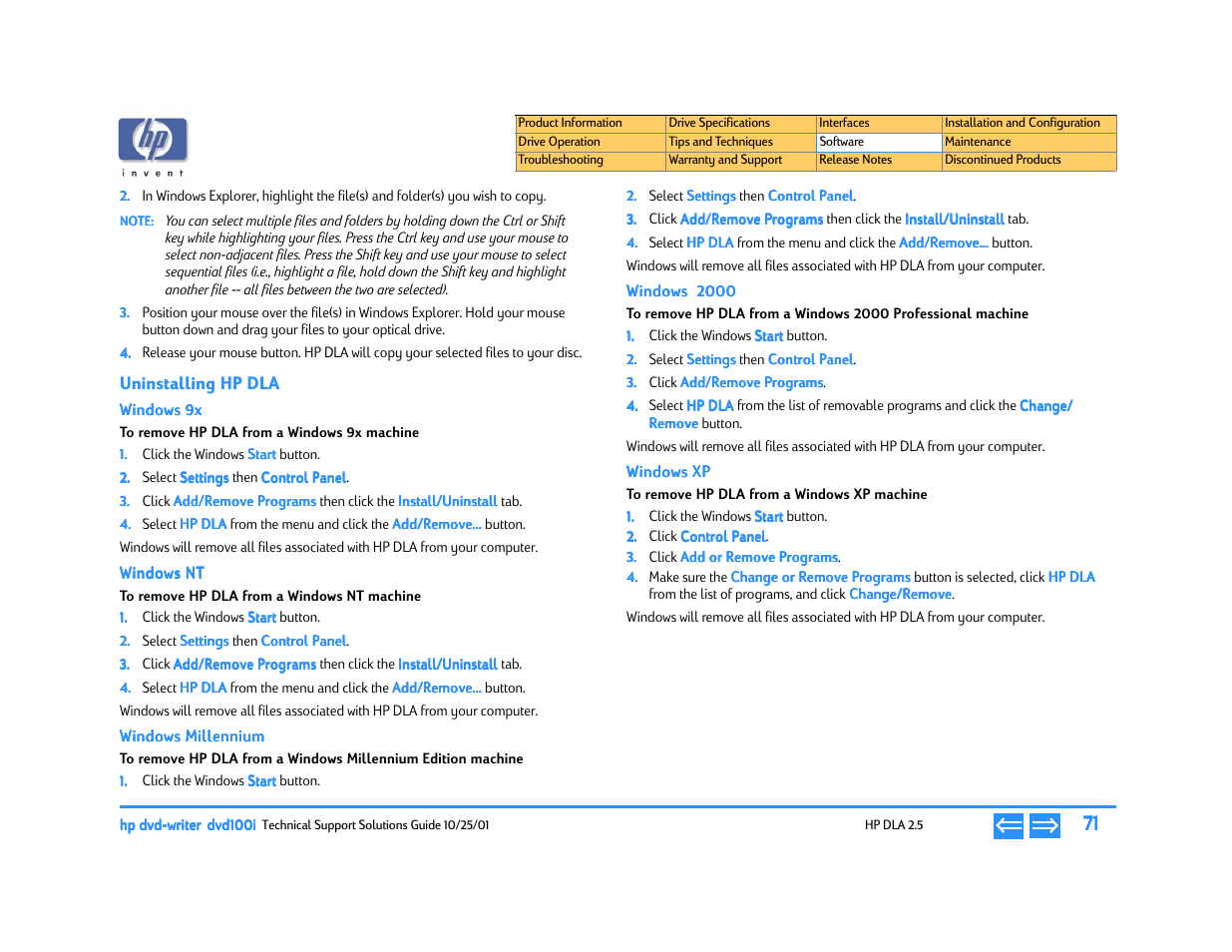Uninstalling hp dla, Windows 9x, To remove hp dla from a windows 9x machine | Windows nt, To remove hp dla from a windows nt machine, Windows millennium, Windows 2000, Windows xp, To remove hp dla from a windows xp machine | HP DVD100I User Manual | Page 71 / 104