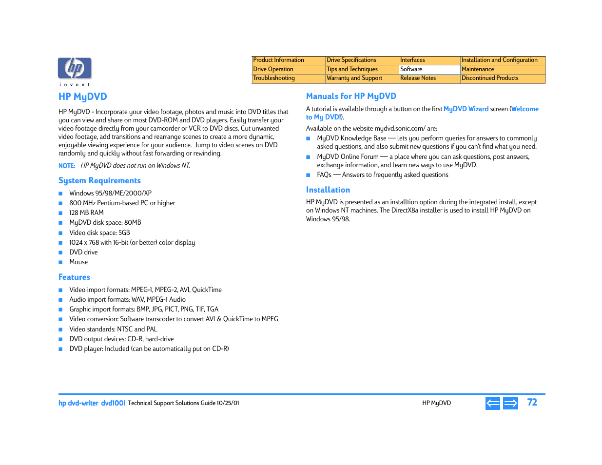 Hp mydvd, System requirements, Features | Manuals for hp mydvd, Installation, P. 72 | HP DVD100I User Manual | Page 72 / 104