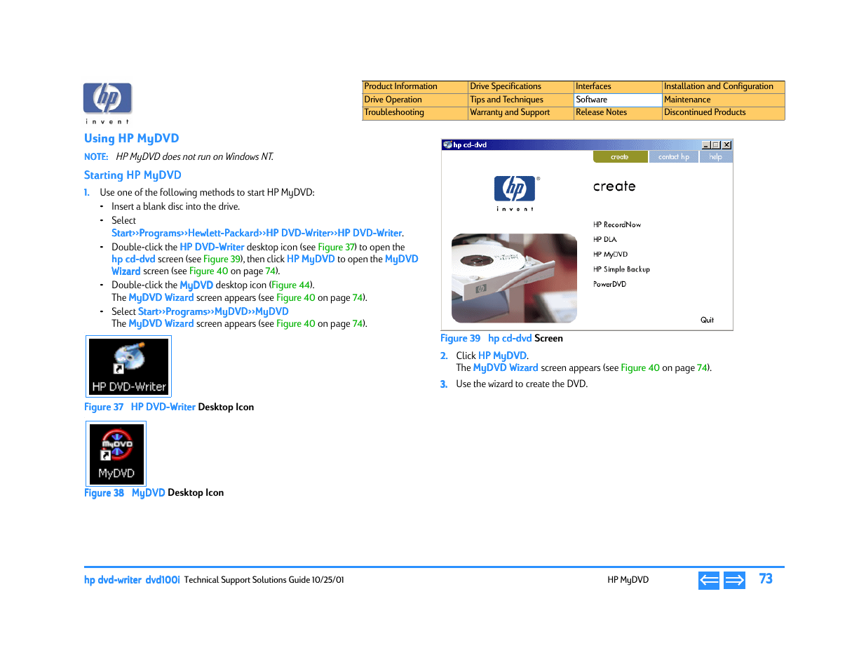 Using hp mydvd, Starting hp mydvd, Hp dvd-writer | Desk, Mydvd, Hp cd-dvd | HP DVD100I User Manual | Page 73 / 104