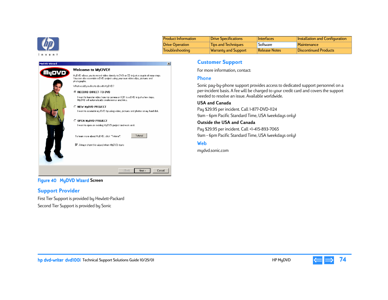 Support provider, Customer support, Phone | Usa and canada, Outside the usa and canada, E 40 mydvd wizard, Figure 40 | HP DVD100I User Manual | Page 74 / 104