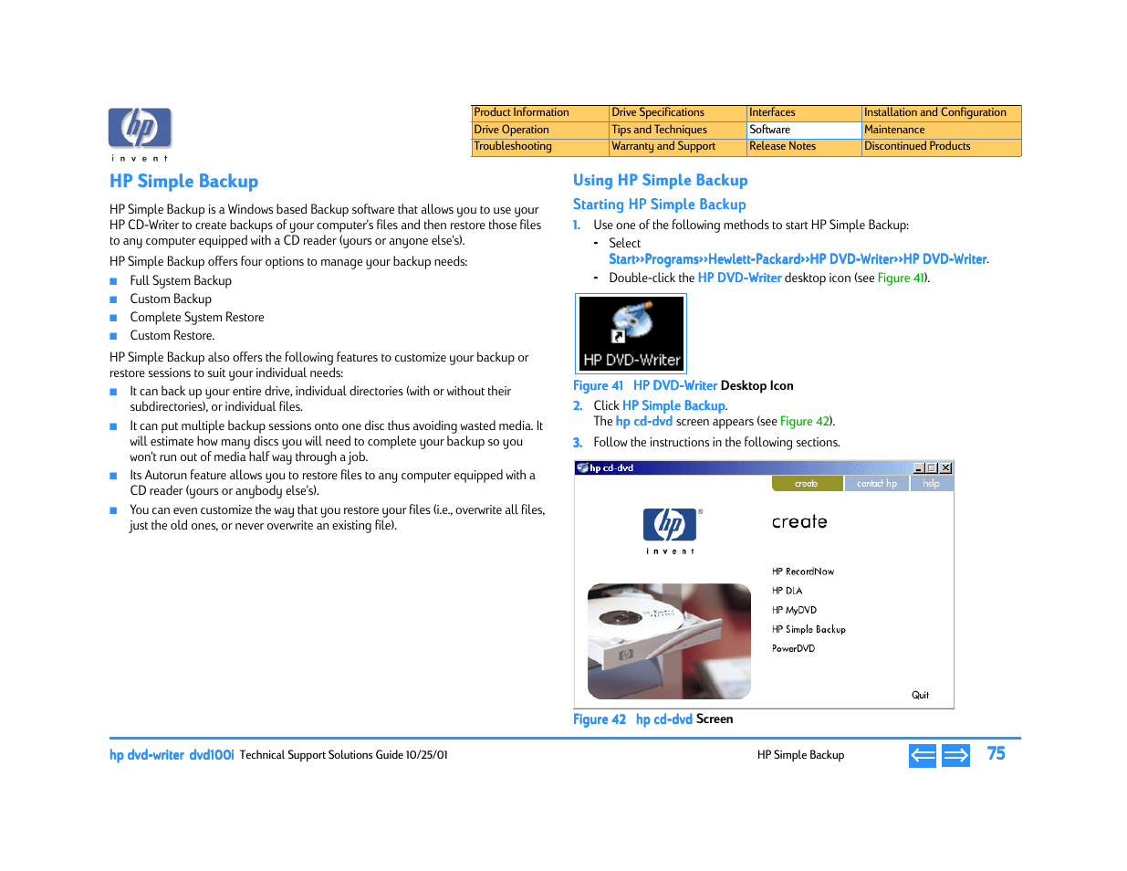 Hp simple backup, Using hp simple backup, Starting hp simple backup | Hp dvd-writer, E 42 hp cd-dvd, P. 75 | HP DVD100I User Manual | Page 75 / 104