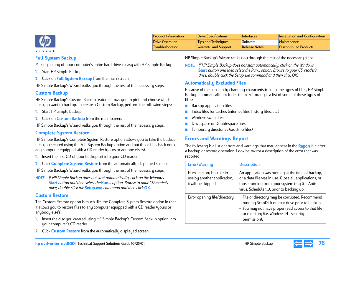 Full system backup, Custom backup, Complete system restore | Custom restore, Automatically excluded files, Errors and warnings report | HP DVD100I User Manual | Page 76 / 104