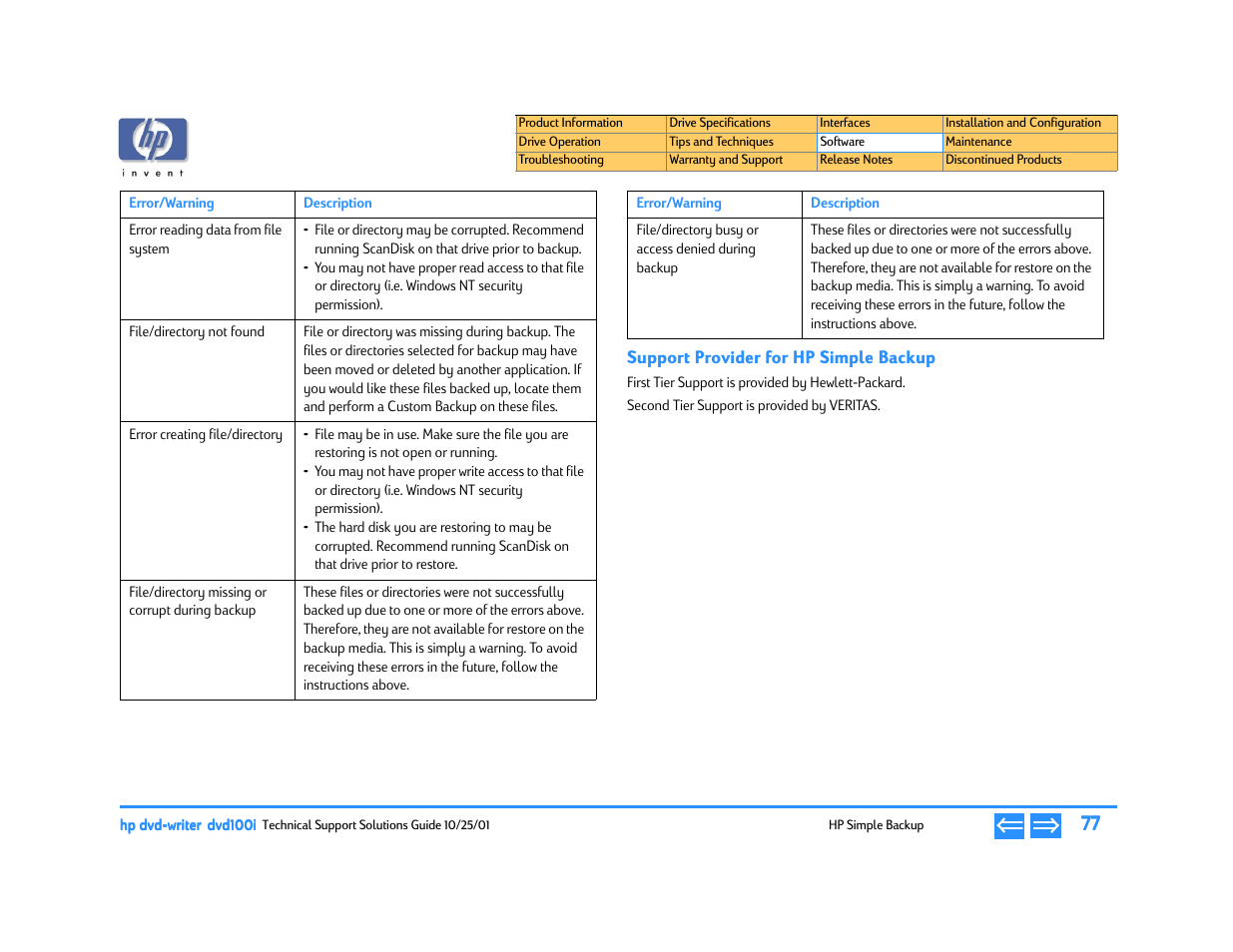 Support provider for hp simple backup | HP DVD100I User Manual | Page 77 / 104