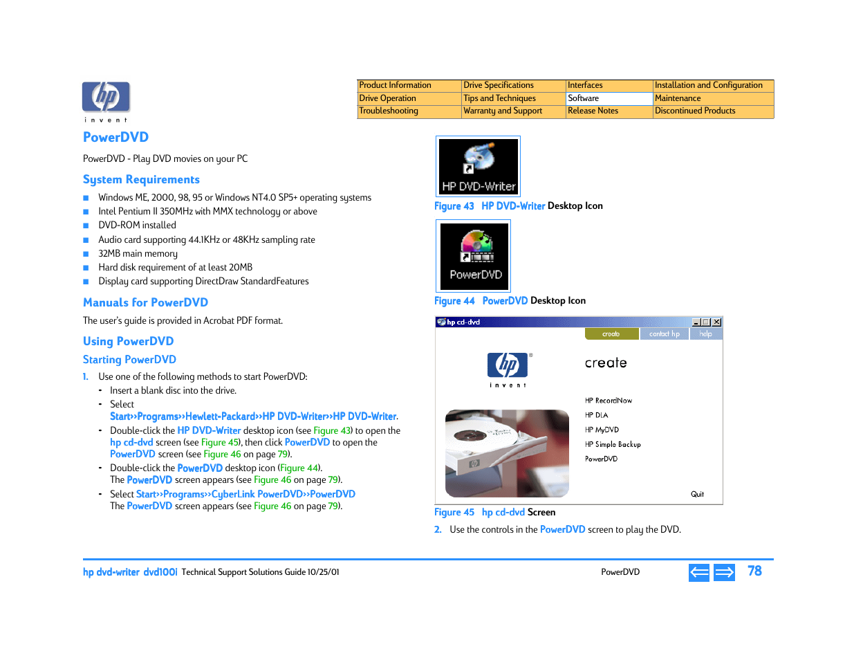 Powerdvd, System requirements, Manuals for powerdvd | Using powerdvd, Starting powerdvd, E 43 hp dvd-writer, Desk, E 44 powerdvd, Hp cd-dvd, P. 78 | HP DVD100I User Manual | Page 78 / 104