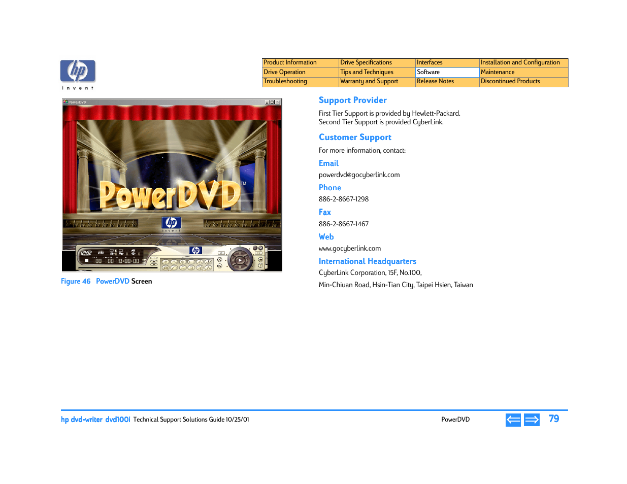 Support provider, Customer support, Email | Phone, International headquarters, E 46 powerdvd | HP DVD100I User Manual | Page 79 / 104