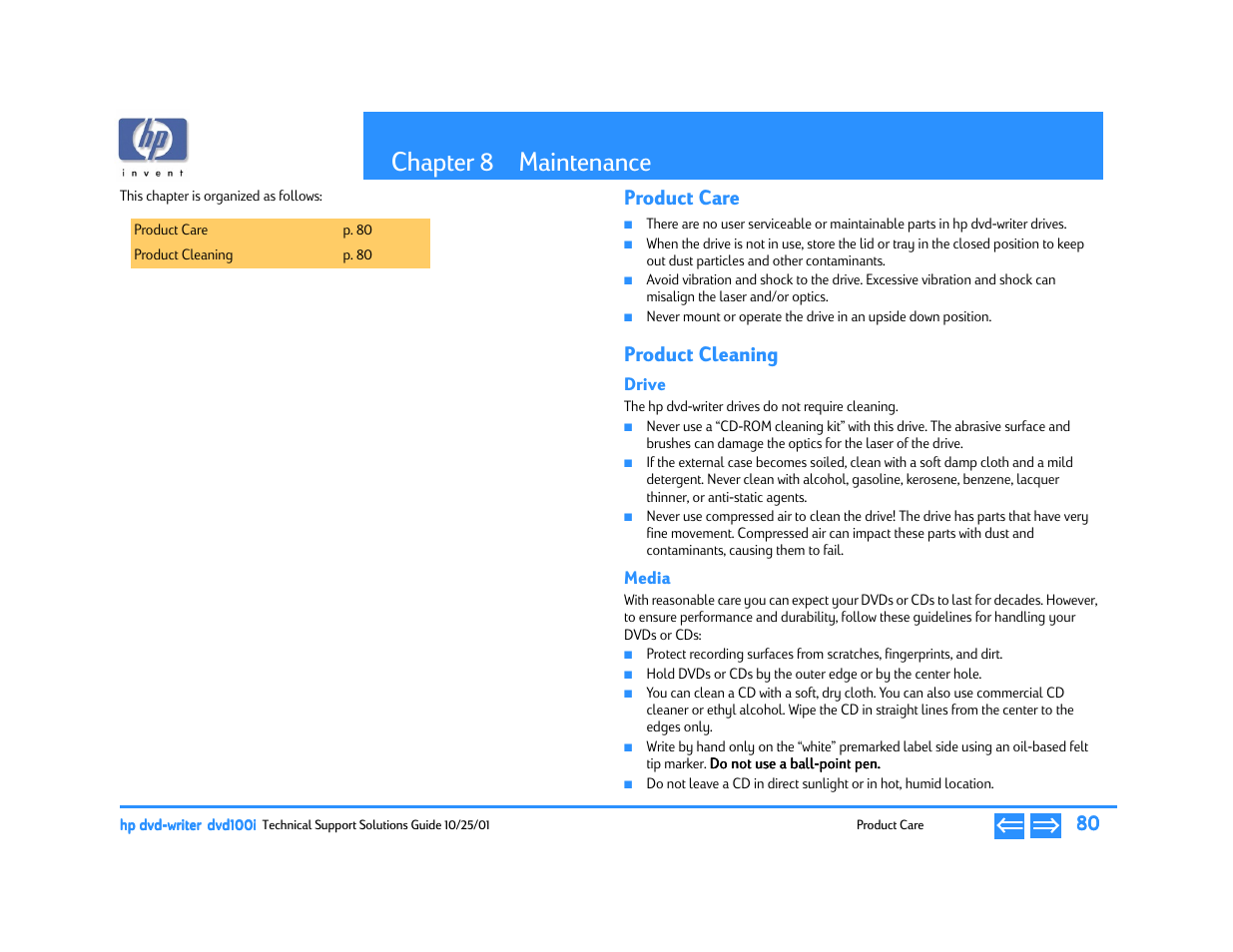 Maintenance, Product care, Product cleaning | Drive, Media, Chapter 8 maintenance, P. 80, Chapter 8 | HP DVD100I User Manual | Page 80 / 104