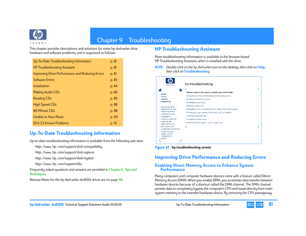Troubleshooting, Up-to-date troubleshooting information, Hptroubleshooting assistant | Improving drive performance and reducing errors, Chapter 9 troubleshooting, P. 81, Chapter 9, Hp troubleshooting assistant, Hp troubleshooting screen | HP DVD100I User Manual | Page 81 / 104