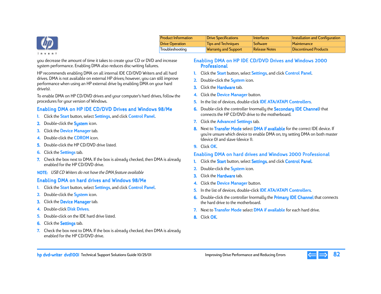Enabling dma on hard drives and windows 98/me, Professional | HP DVD100I User Manual | Page 82 / 104