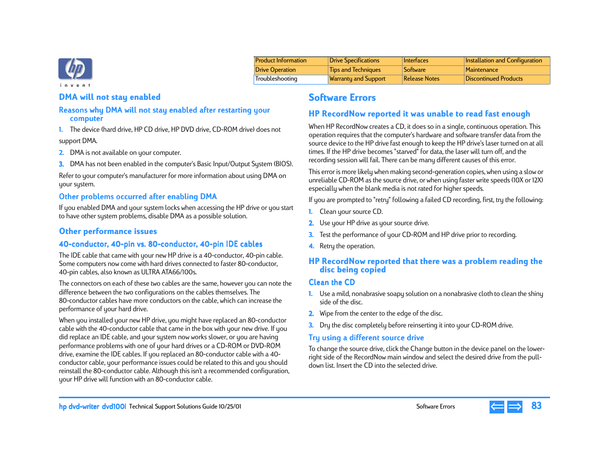 Dma will not stay enabled, Other problems occurred after enabling dma, Other performance issues | Software errors, Clean the cd, Try using a different source drive, Being copied, P. 83 | HP DVD100I User Manual | Page 83 / 104