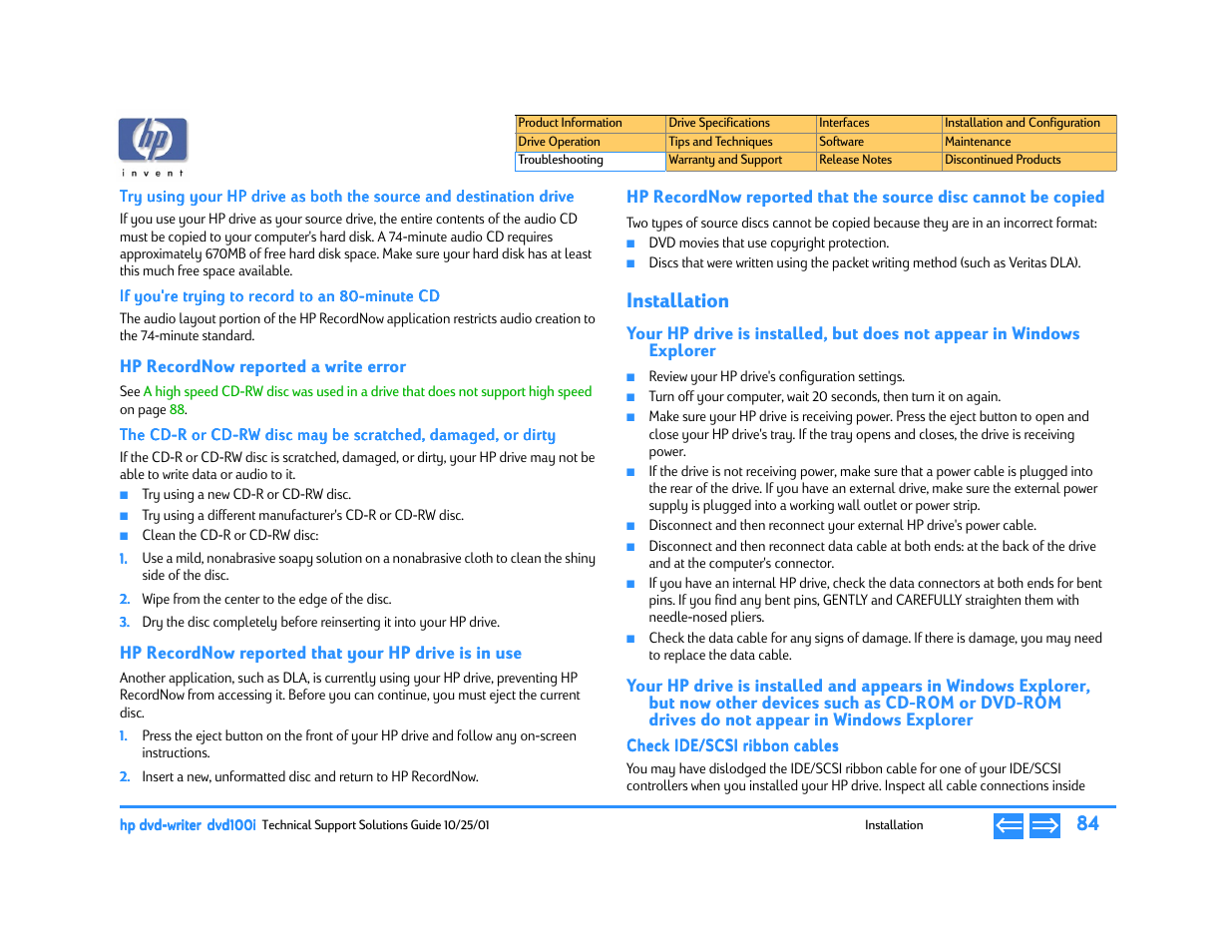 If you're trying to record to an 80-minute cd, Hp recordnow reported a write error, Hp recordnow reported that your hp drive is in use | Installation, Check ide/scsi ribbon cables, P. 84 | HP DVD100I User Manual | Page 84 / 104