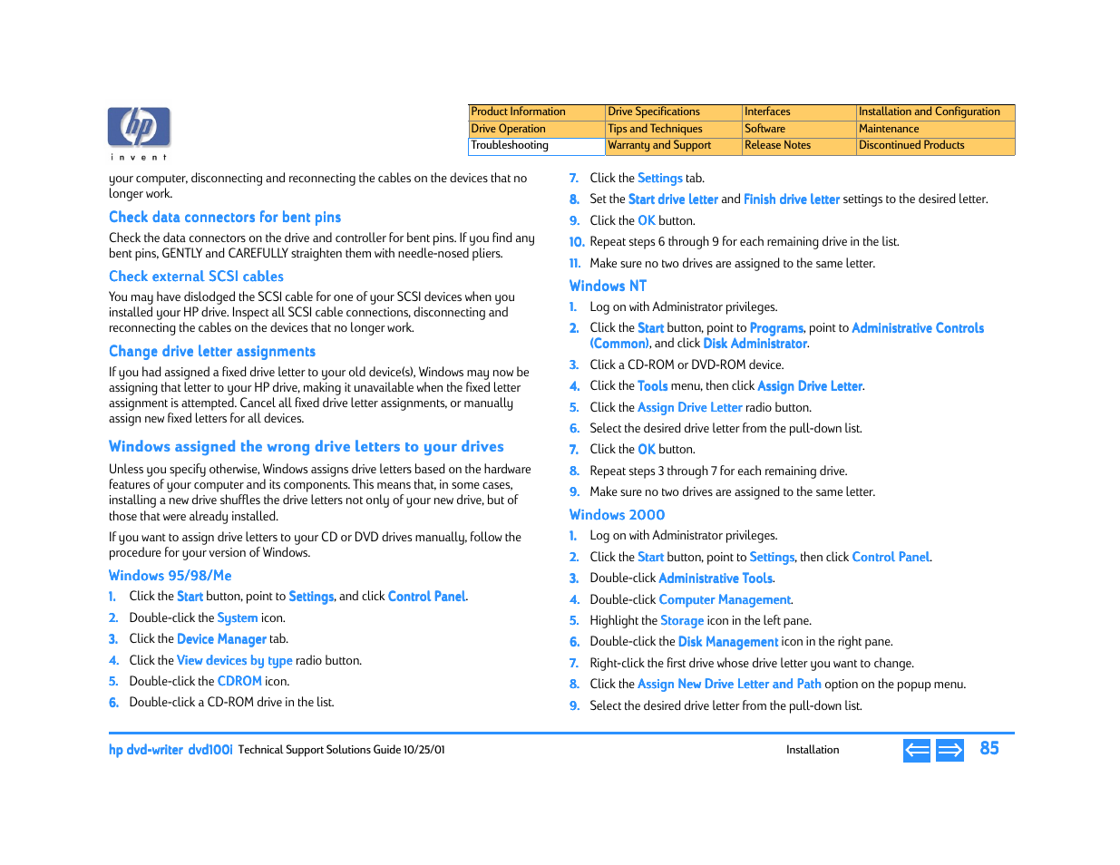 Check data connectors for bent pins, Check external scsi cables, Change drive letter assignments | Windows 95/98/me, Windows nt, Windows 2000 | HP DVD100I User Manual | Page 85 / 104