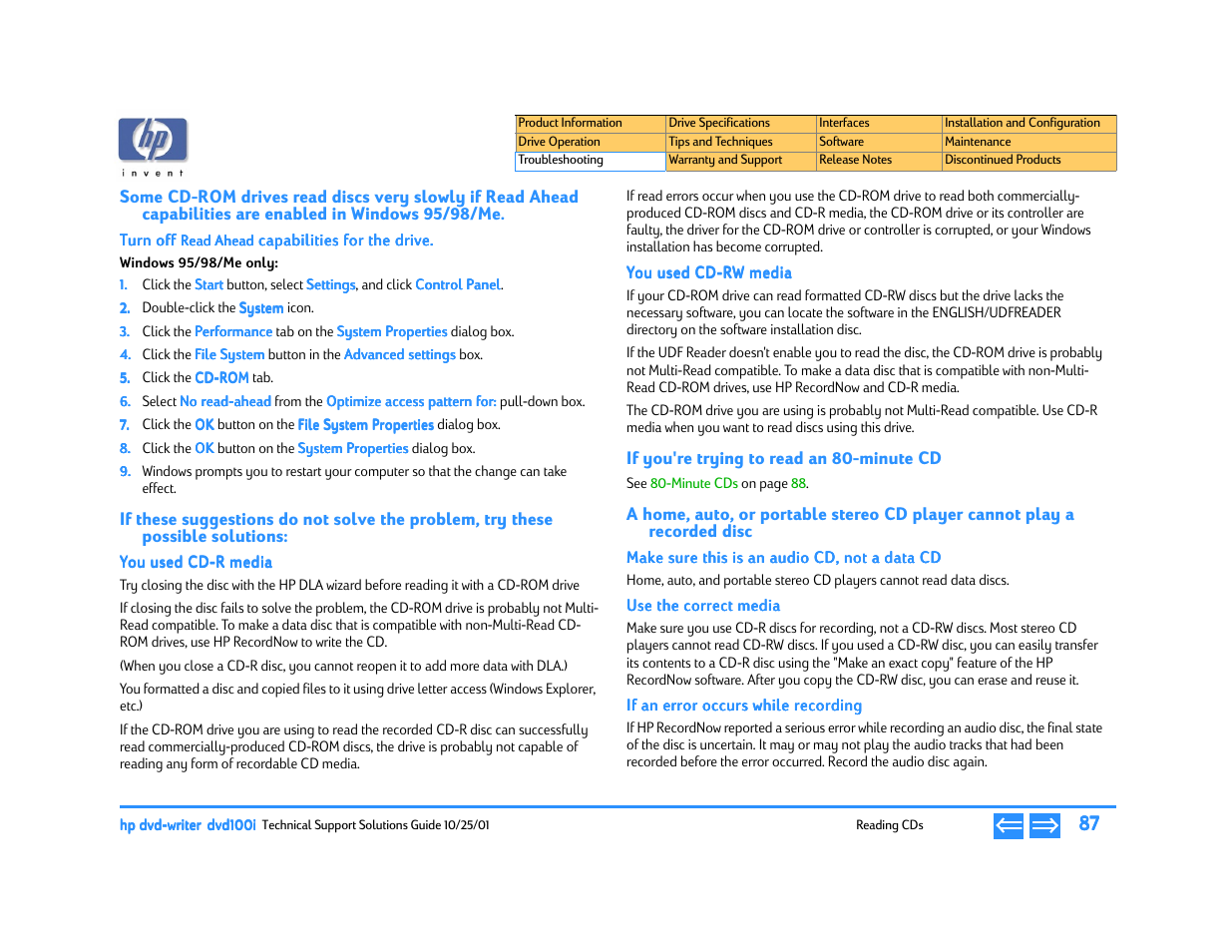 Turn off read ahead capabilities for the drive, Windows 95/98/me only, You used cd-r media | You used cd-rw media, If you're trying to read an 80-minute cd, Make sure this is an audio cd, not a data cd, Use the correct media, If an error occurs while recording, Enabled in windows 95/98/me, Turn off | HP DVD100I User Manual | Page 87 / 104
