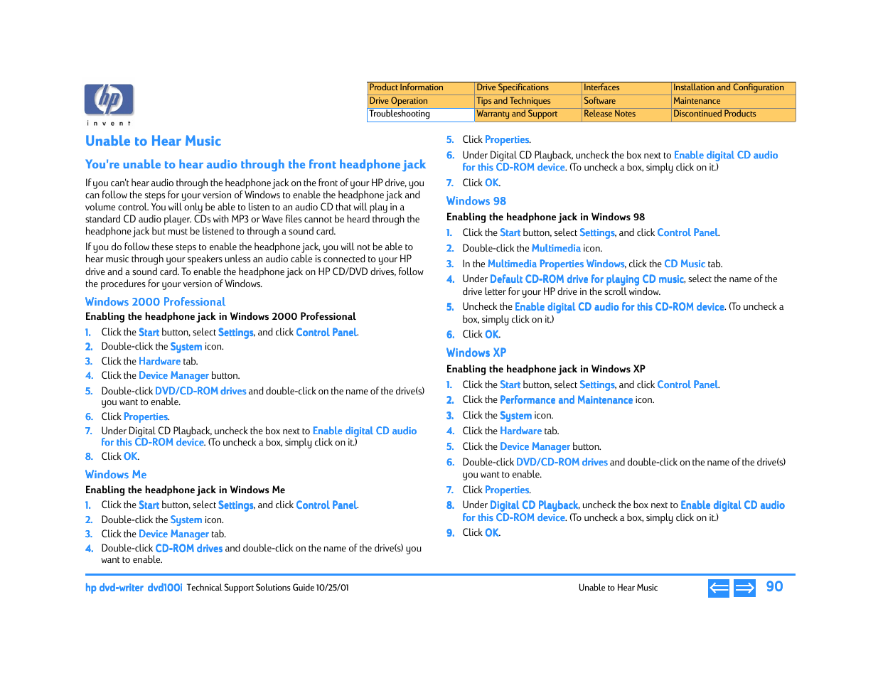 Unable to hear music, Windows 2000 professional, Windows me | Enabling the headphone jack in windows me, Windows 98, Enabling the headphone jack in windows 98, Windows xp, Enabling the headphone jack in windows xp, P. 90 | HP DVD100I User Manual | Page 90 / 104