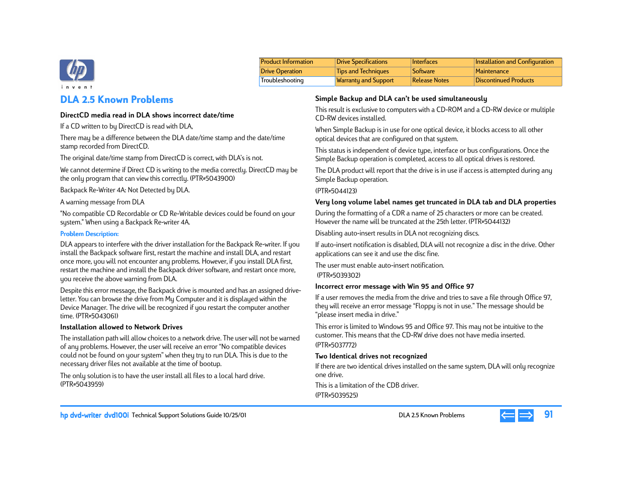 Dla 2.5 known problems, Installation allowed to network drives, Simple backup and dla can’t be used simultaneously | Incorrect error message with win 95 and office 97, Two identical drives not recognized, P. 91 | HP DVD100I User Manual | Page 91 / 104