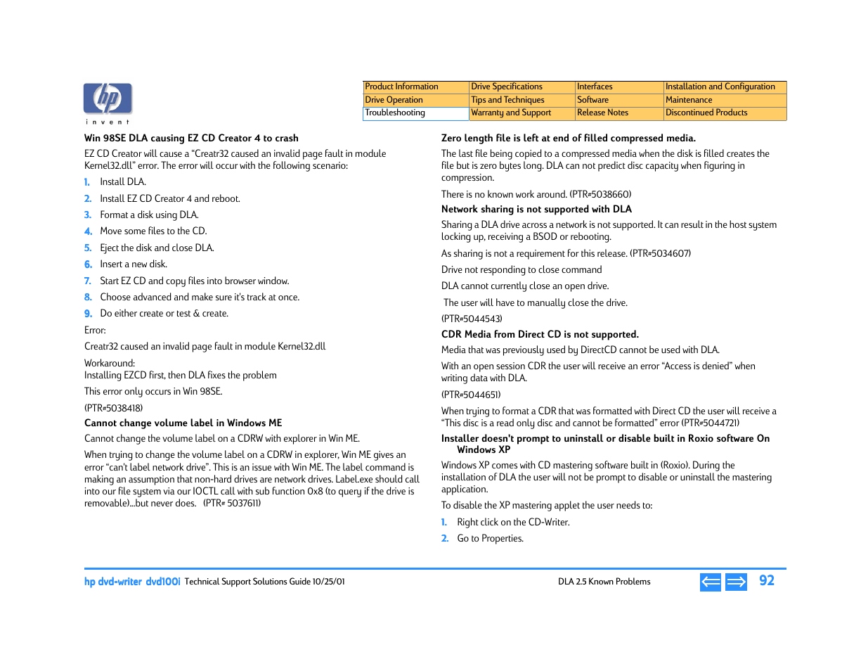 Win 98se dla causing ez cd creator 4 to crash, Cannot change volume label in windows me, Network sharing is not supported with dla | Cdr media from direct cd is not supported | HP DVD100I User Manual | Page 92 / 104