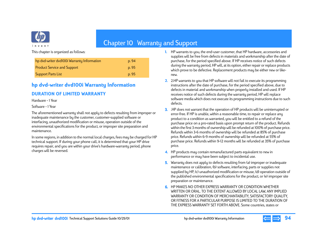 Warranty and support, Hpdvdwriterdvd100i warranty information, Duration of limited warranty | Chapter 10 warranty and support, P. 94, Chapter 10, Hp dvd-writer dvd100i warranty information | HP DVD100I User Manual | Page 94 / 104