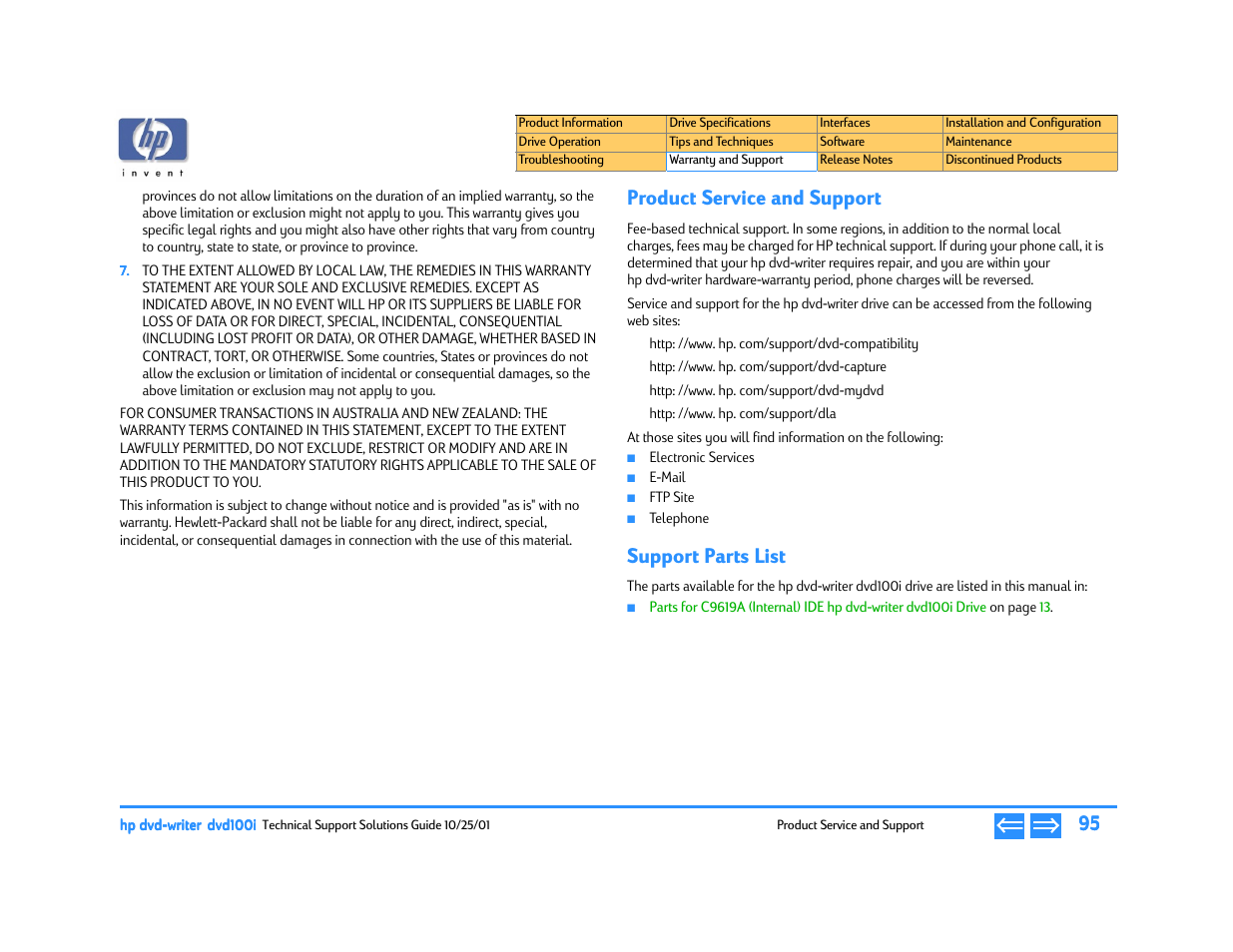 Product service and support, Support parts list, P. 95 | HP DVD100I User Manual | Page 95 / 104