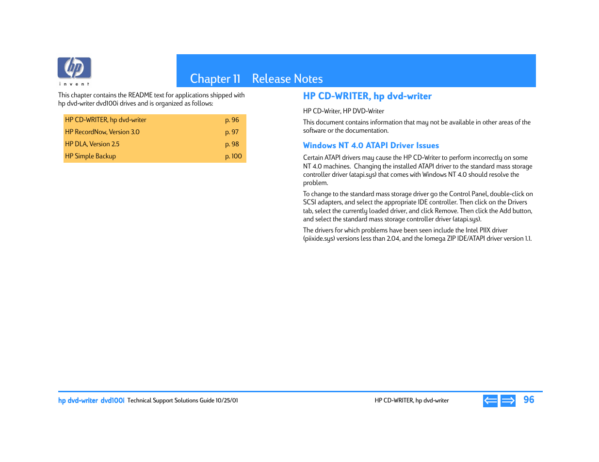 Release notes, Hp cd-writer, hpdvdwriter, Windows nt 4.0 atapi driver issues | Chapter 11 release notes, P. 96, Chapter 11, Hp cd-writer, hp dvd-writer, Chapter, 11 release notes | HP DVD100I User Manual | Page 96 / 104