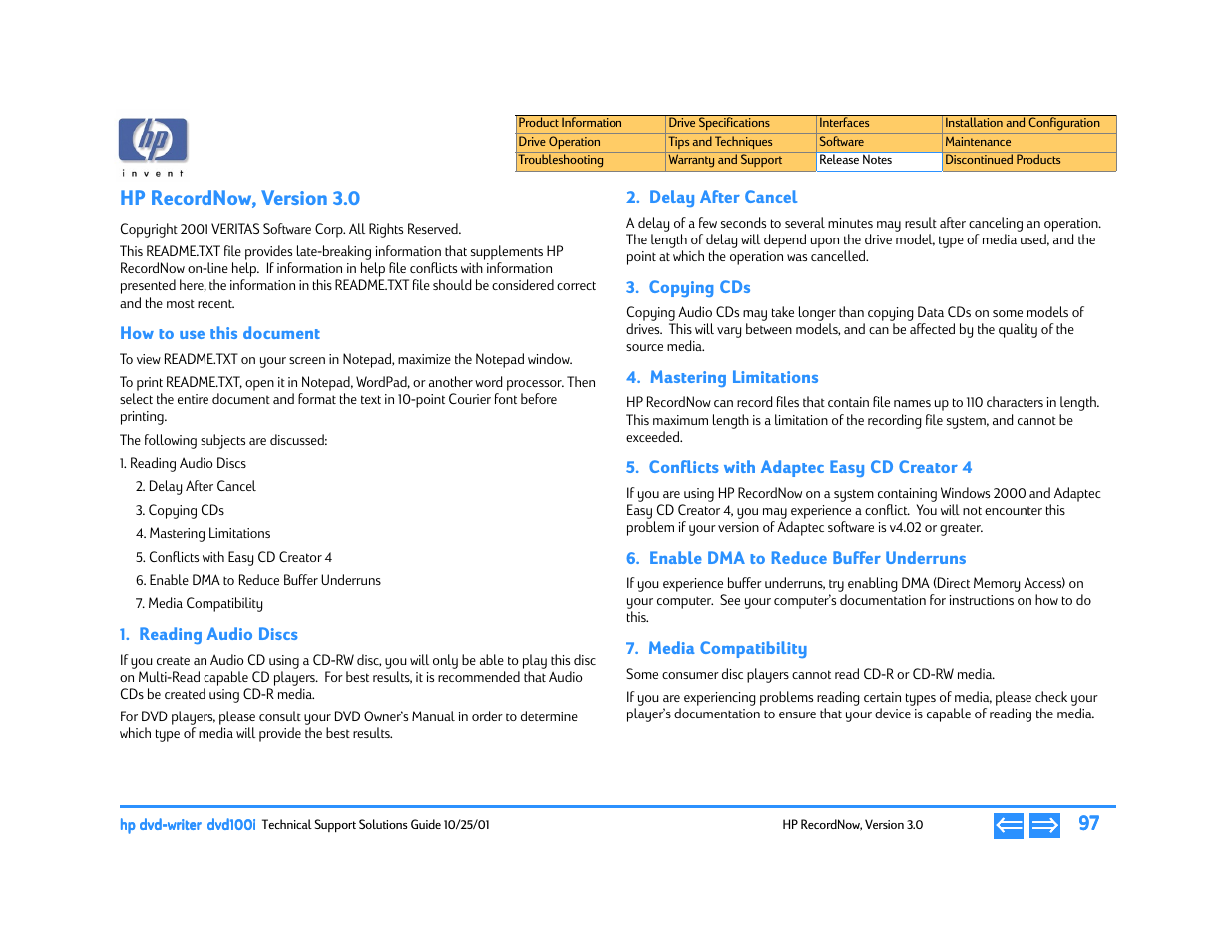 Hp recordnow, version 3.0, How to use this document, Reading audio discs | Delay after cancel, Copying cds, Mastering limitations, Conflicts with adaptec easy cd creator 4, Enable dma to reduce buffer underruns, Media compatibility, P. 97 | HP DVD100I User Manual | Page 97 / 104