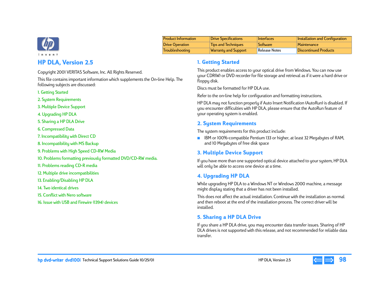 Hp dla, version 2.5, Getting started, System requirements | Multiple device support, Upgrading hp dla, Sharing a hp dla drive, P. 98 | HP DVD100I User Manual | Page 98 / 104