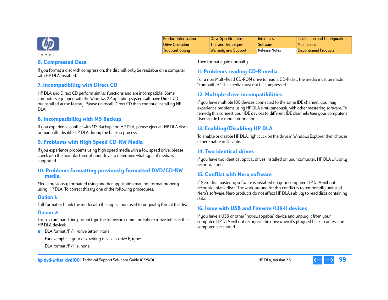 Compressed data, Incompatibility with direct cd, Incompatibility with ms backup | Problems with high speed cd-rw media, Option 1, Option 2, Problems reading cd-r media, Multiple drive incompatibilities, Enabling/disabling hp dla, Two identical drives | HP DVD100I User Manual | Page 99 / 104