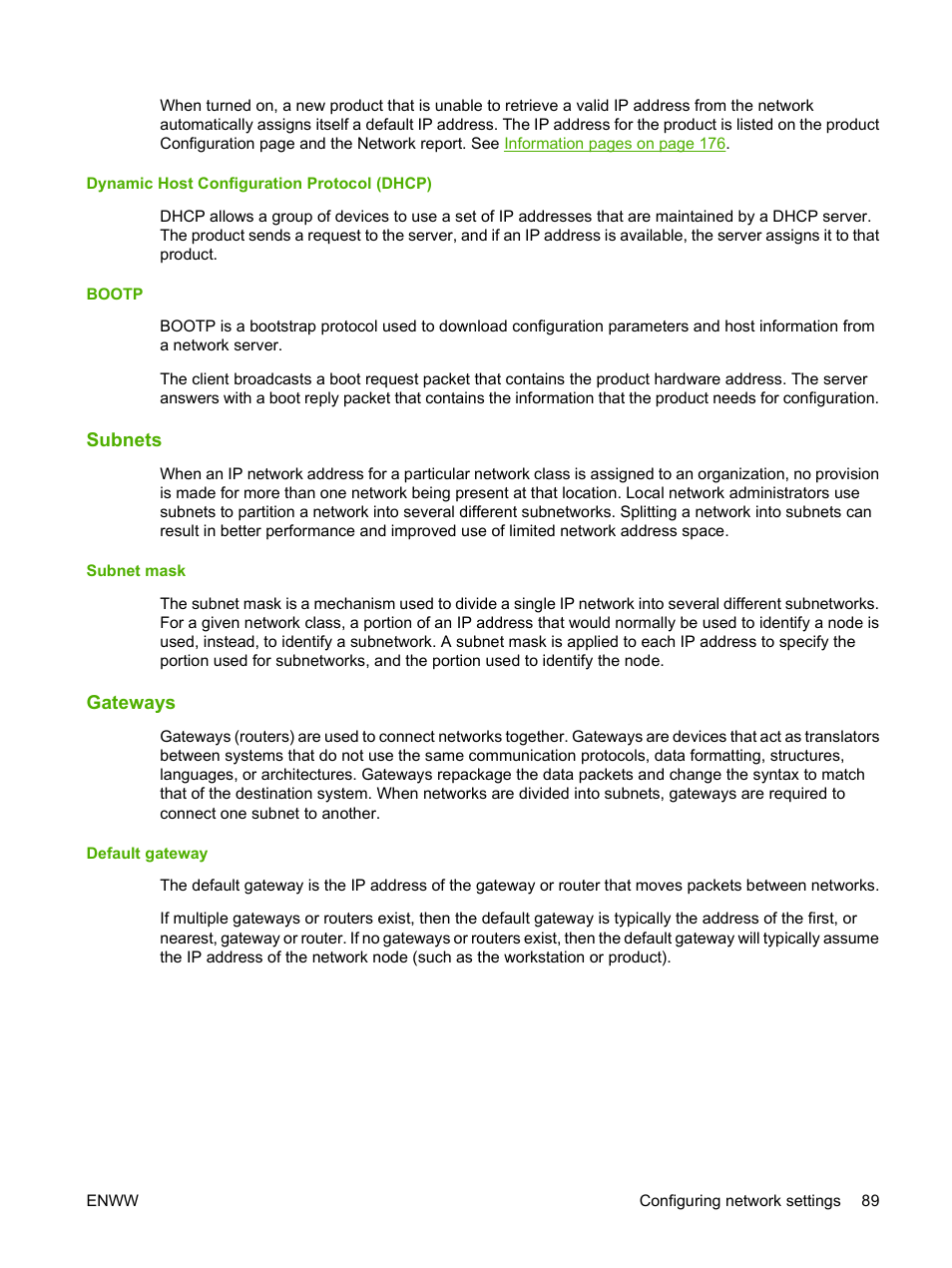 Dynamic host configuration protocol (dhcp), Bootp, Subnets | Subnet mask, Gateways, Default gateway, Dynamic host configuration protocol (dhcp) bootp | HP CM6049F MFP User Manual | Page 105 / 320