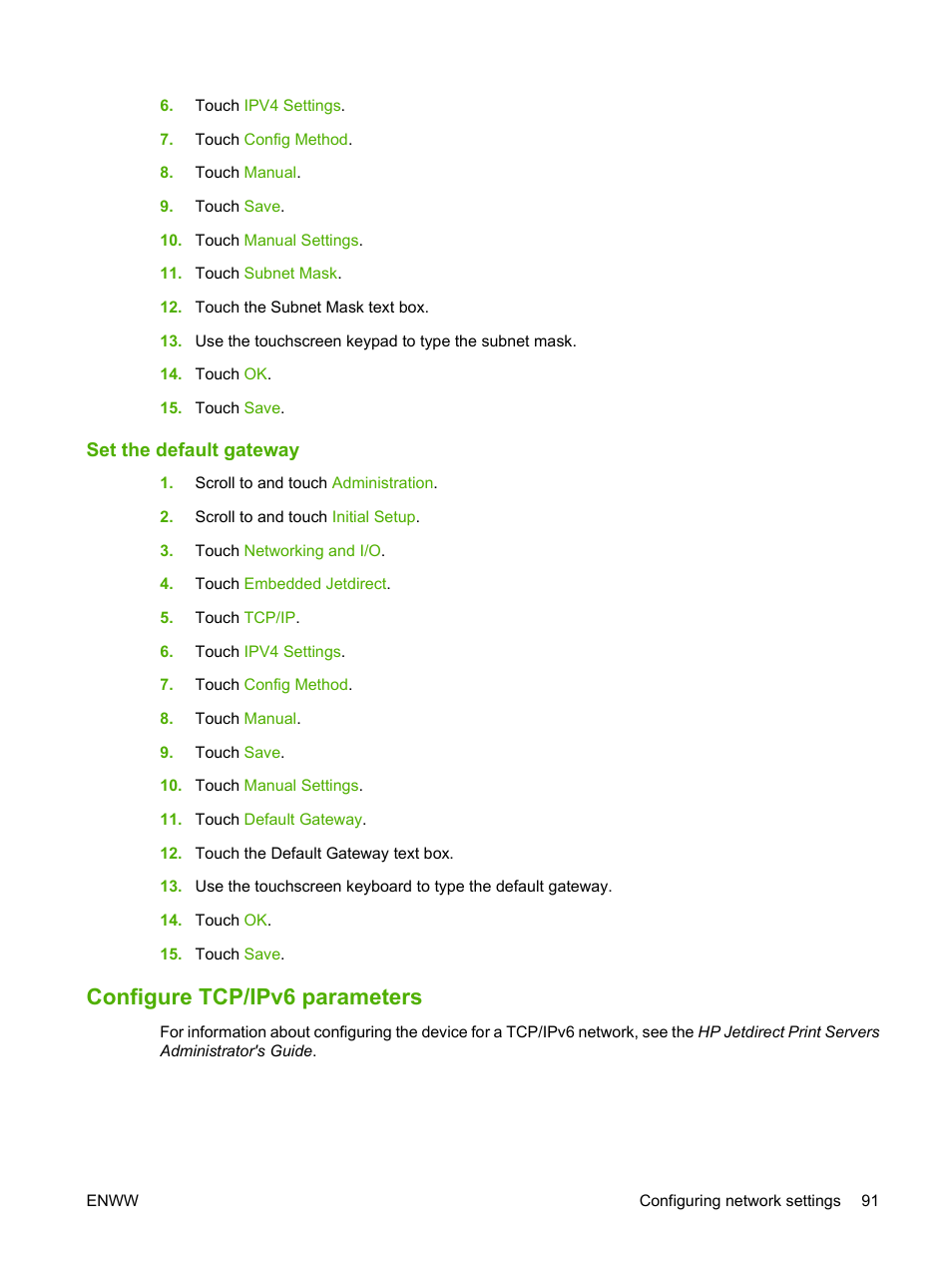 Set the default gateway, Configure tcp/ipv6 parameters | HP CM6049F MFP User Manual | Page 107 / 320