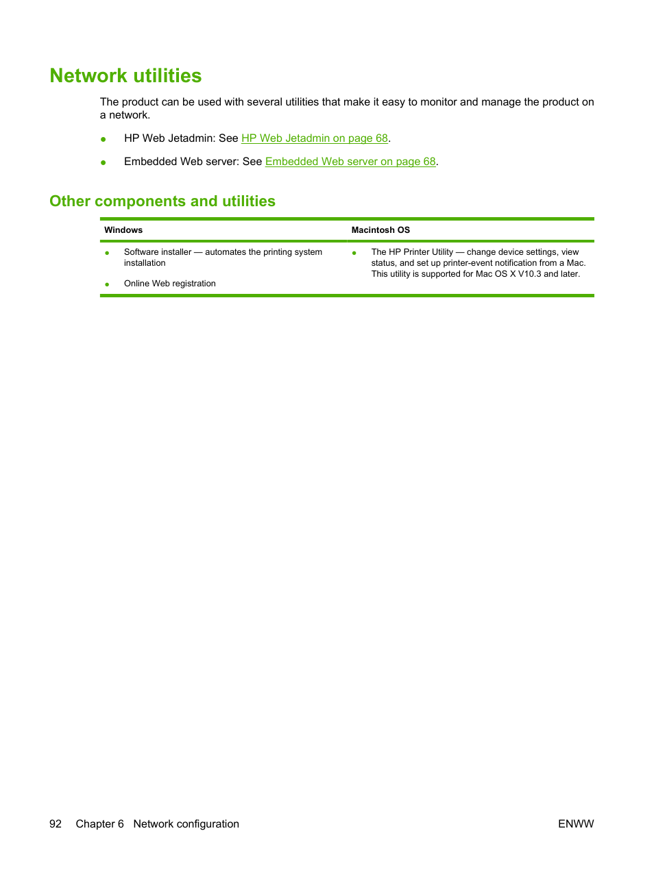 Network utilities, Other components and utilities | HP CM6049F MFP User Manual | Page 108 / 320