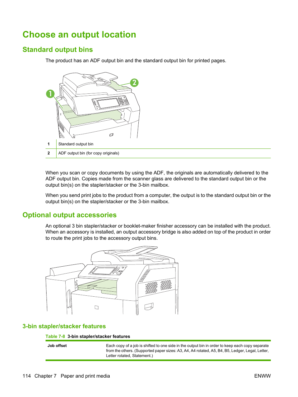 Choose an output location, Standard output bins, Optional output accessories | Bin stapler/stacker features, Standard output bins optional output accessories | HP CM6049F MFP User Manual | Page 130 / 320