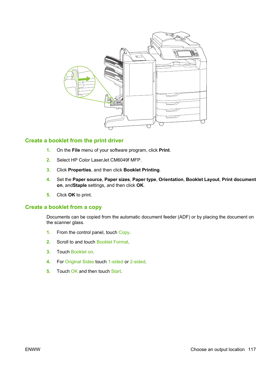 Create a booklet from the print driver, Create a booklet from a copy | HP CM6049F MFP User Manual | Page 133 / 320
